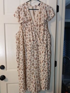 Torrid Cream Floral Print Wrap Romper with Ruffle Sleeves